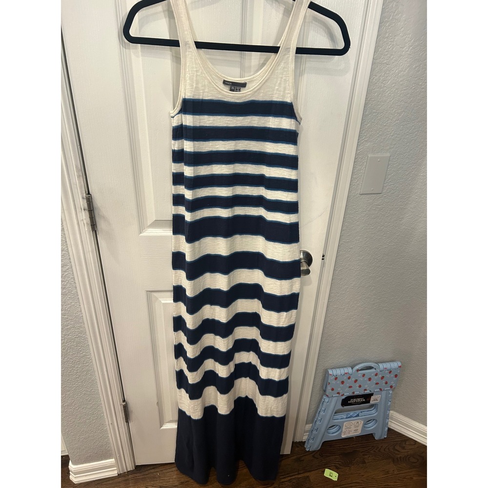 Vince Maxi Dress Navy Blue White Striped Cotton Knit Sleeveless Tank Dress XS